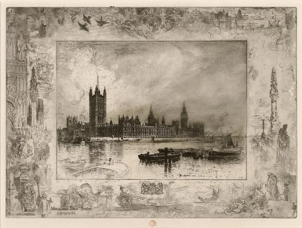 Westminster Palace, by Félix-Hilaire Buhot, ink, 1884
