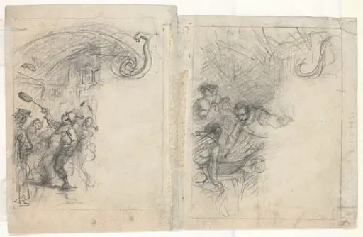 Chef Tossing Pancakes and Group of Four Men [verso], by Felix Octavius Carr Darley