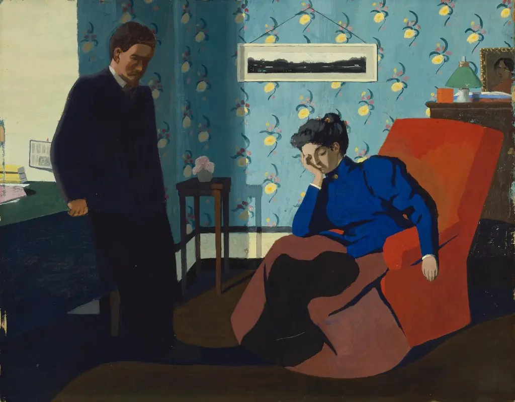 Interior with red armchair and figures, by Félix Vallotton