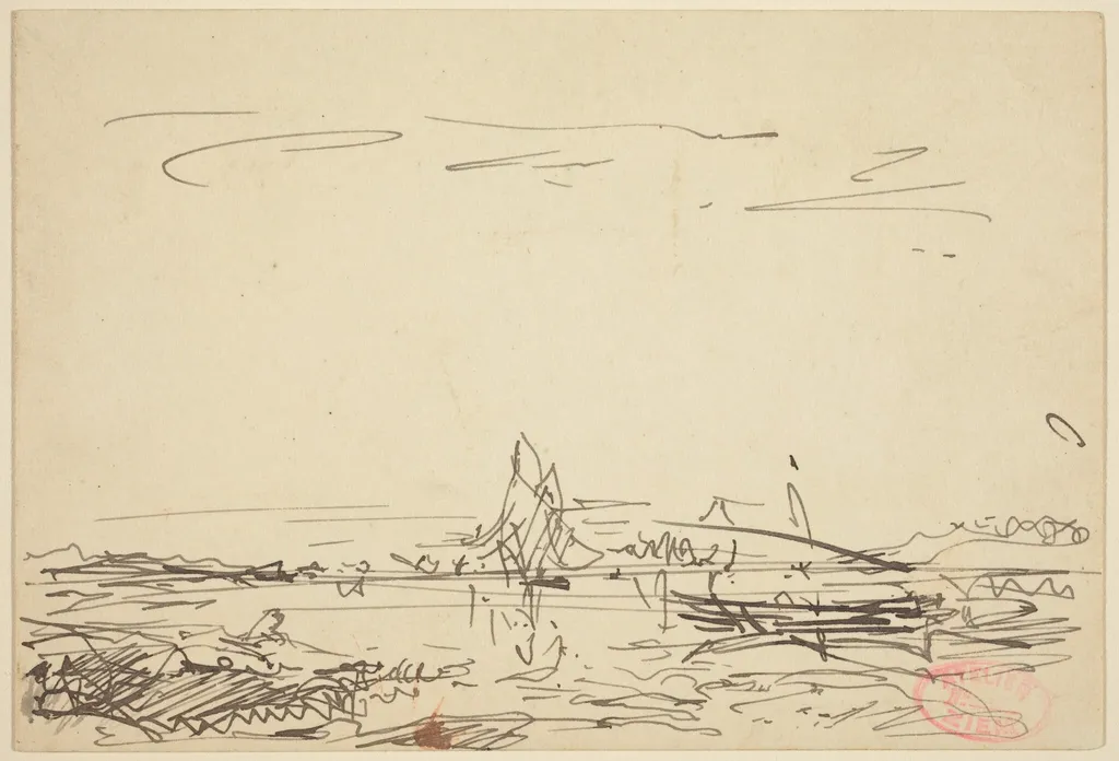 A Cove with a Sailboat, by Félix Ziem, ink, 1866