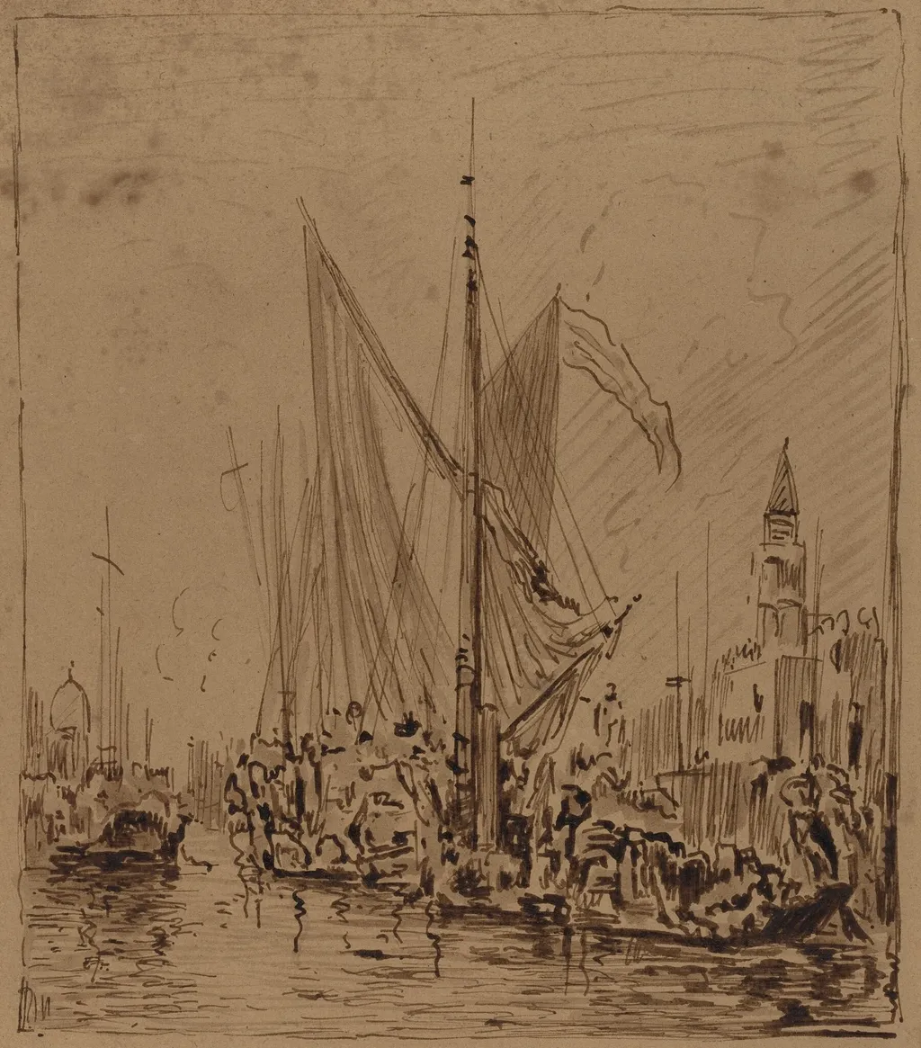 Boats and Gondolas before the Piazza San Marco, by Félix Ziem, ink, 1866