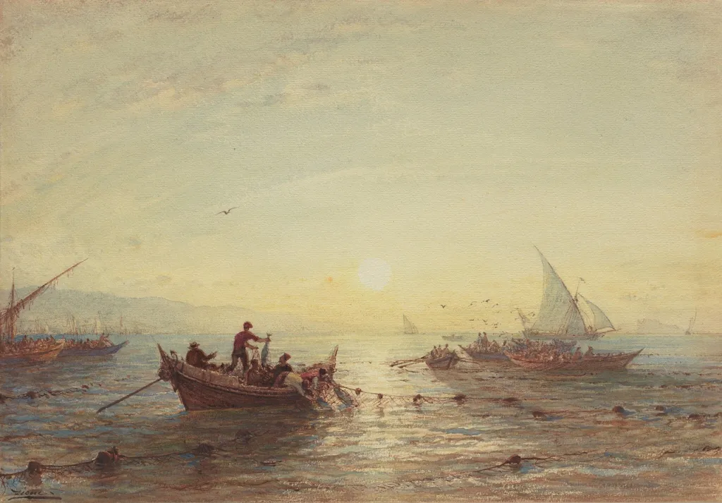 Tuna Fishing at Sunrise off the Coast near Marseilles, by Félix Ziem, ink, 1864