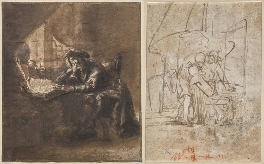 An Old Man Seated at a Table, His Head Resting on His Right Hand (recto); The Healing of Tobit (verso), by Ferdinand Bol, 1650