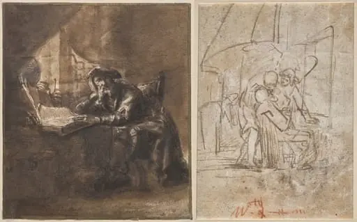 An Old Man Seated at a Table, His Head Resting on His Right Hand (recto); The Healing of Tobit (verso), by Ferdinand Bol