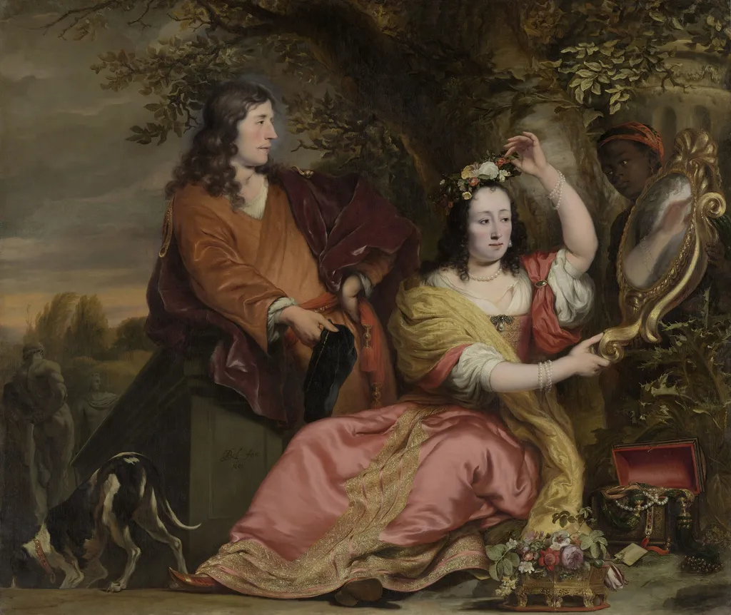 Double portrait of Jan van der Voort (1626-1678) and his sister Catharina van der Voort (1622-1674), with a servant, by Ferdinand Bol, oil, 1661