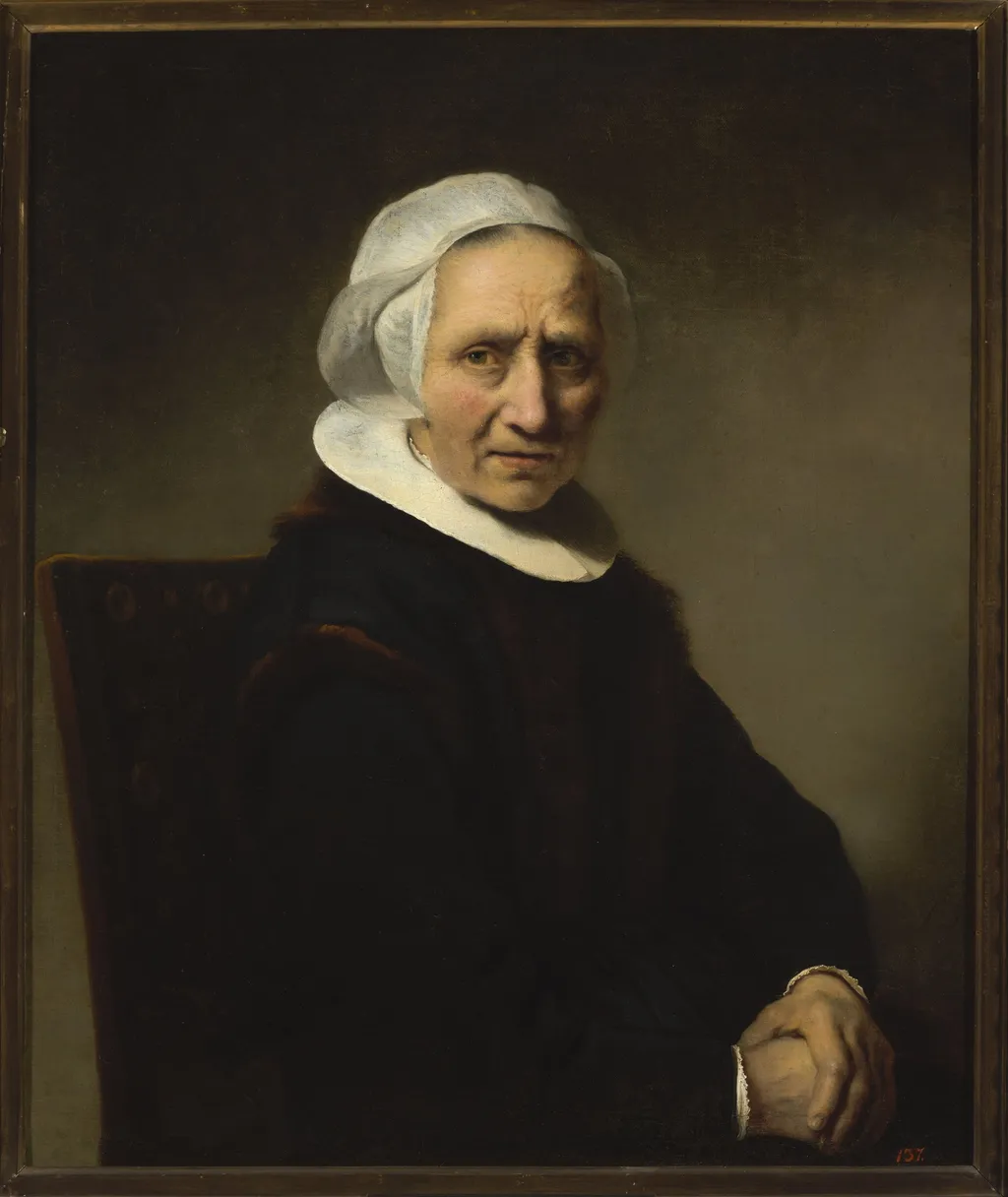 Portrait of an old woman in a white cap, by Ferdinand Bol, oil, 1641
