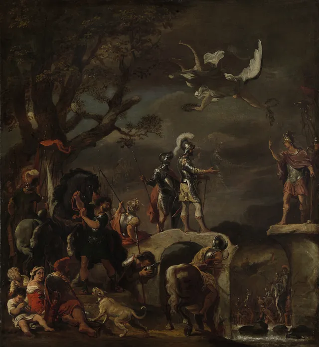 The peace negotiation between Claudius Civilis and Quintus Petillius Cerealis on the demolished bridge