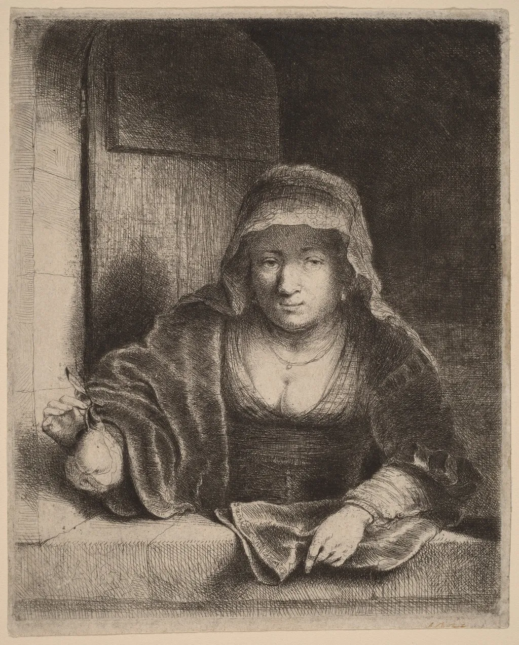 The Woman with the Pear, by Ferdinand Bol, ink, 1651