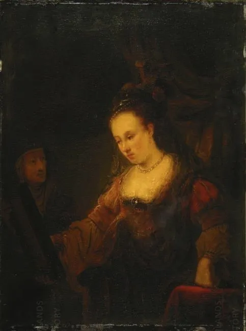 Woman looking in a Mirror with a Maidservant, by Ferdinand Bol, oil, 1630