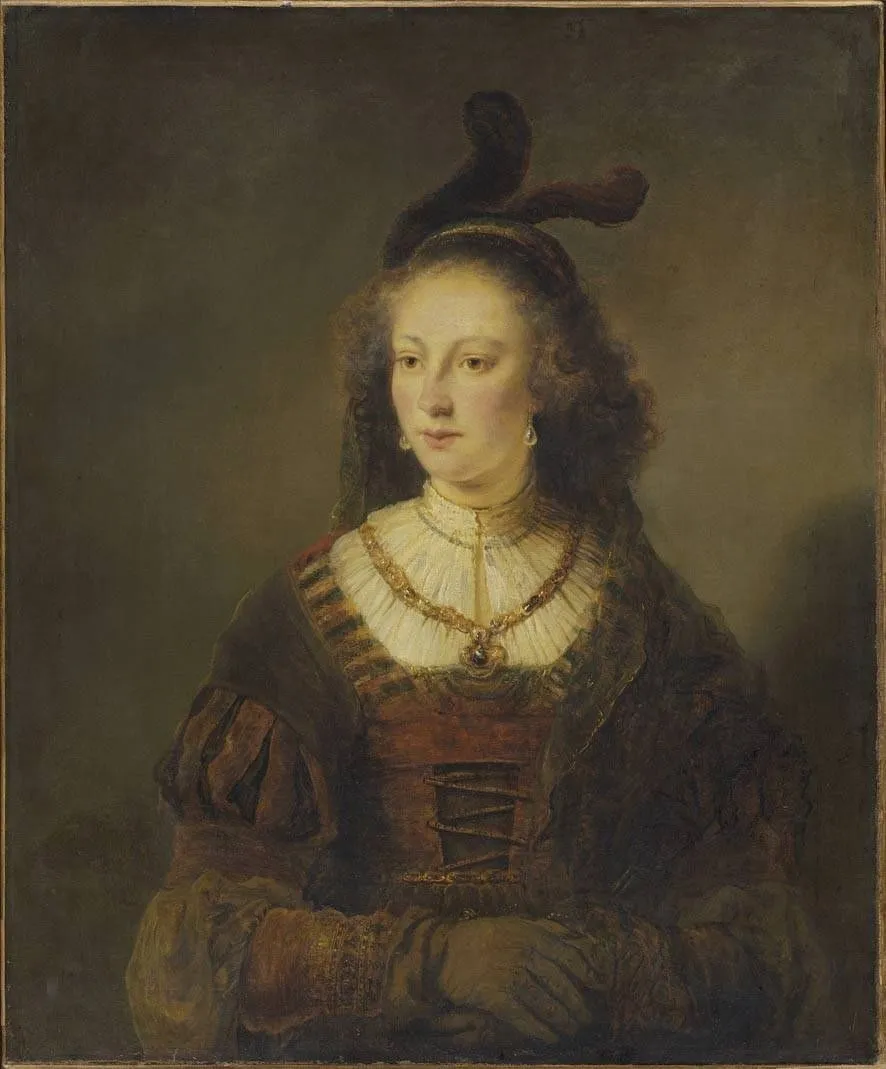 Woman wearing a feather cap and veil, by Ferdinand Bol, oil, 1648