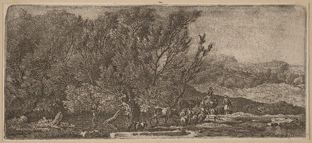 Shepherds with Their Herd Fording a Stream, by Ferdinand Kobell, ink, 1771