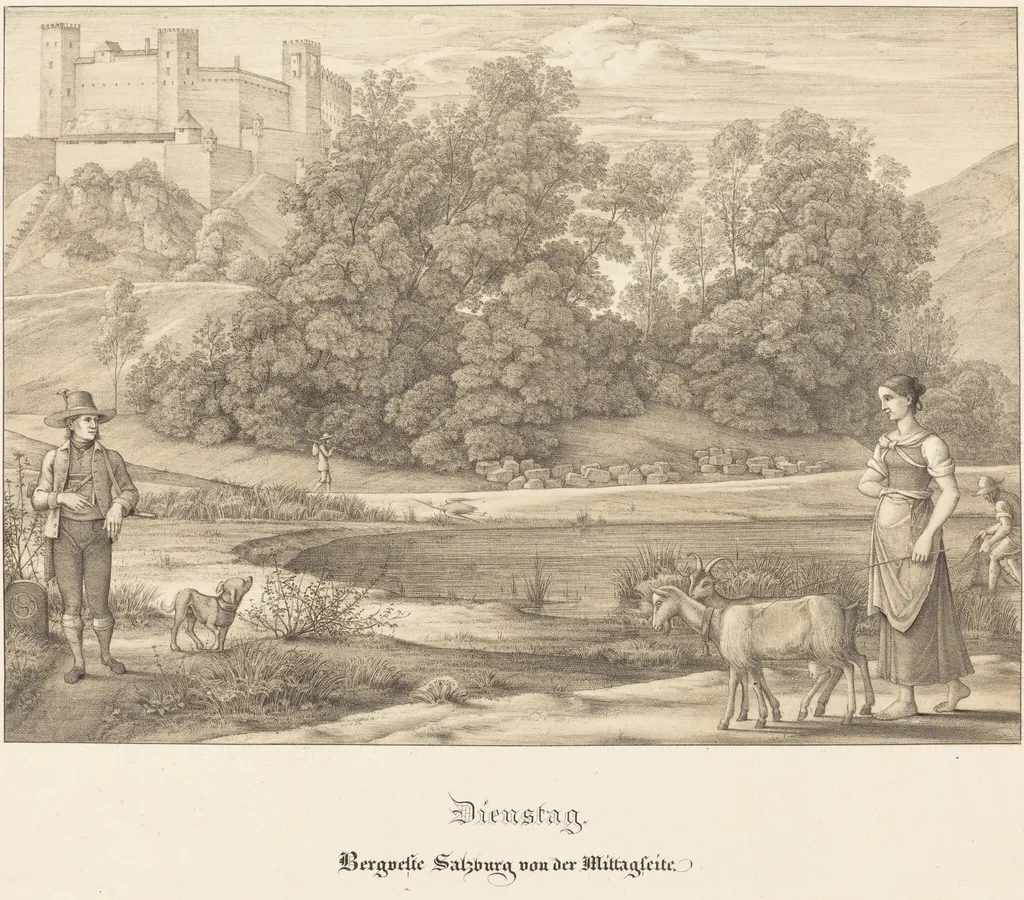 Dienstag - Bergveste Salzburg vor der Mittagseit (Tuesday - The Castle of Salzburg from the Noontime Side), by Ferdinand Olivier, ink, 1823