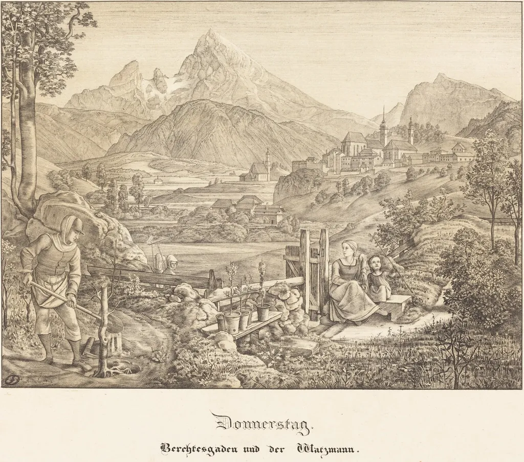 Donnerstag - Berchtesgaden und der Watzmann (Thursday - Berchtesgaden and the Watzmann Mountain), by Ferdinand Olivier, ink, 1823