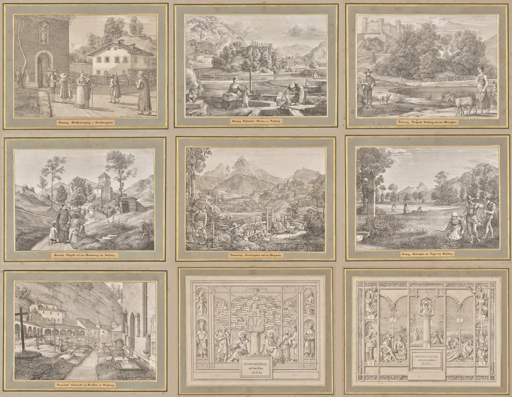 Seven Areas from Salzburg and Berchtesgaden. Arranged according to the seven days of the week, connected by two allegorical sheets, by Ferdinand Olivier, 1820