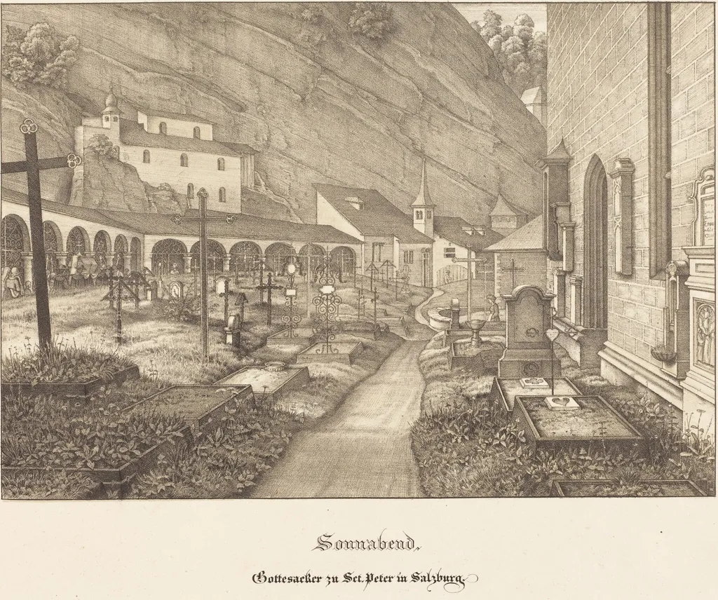 Sonnabend - Gottesacker zu St. Peter in Salzburg (Saturday - Graveyard of St. Peter's in Salzburg), by Ferdinand Olivier, ink, 1823