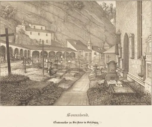 Sonnabend - Gottesacker zu St. Peter in Salzburg (Saturday - Graveyard of St. Peter's in Salzburg), by Ferdinand Olivier