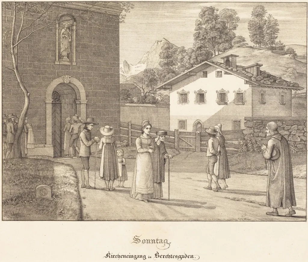 Sonntag - Kircheneingang in Berchtesgaden (Sunday - Going to Church near Berchtesgaden), by Ferdinand Olivier, ink, 1823