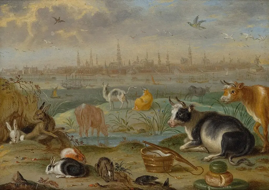 Ansichten aus den vier Weltteilen mit Szenen von Tieren: Amsterdam, by Ferdinand van Kessel the Elder