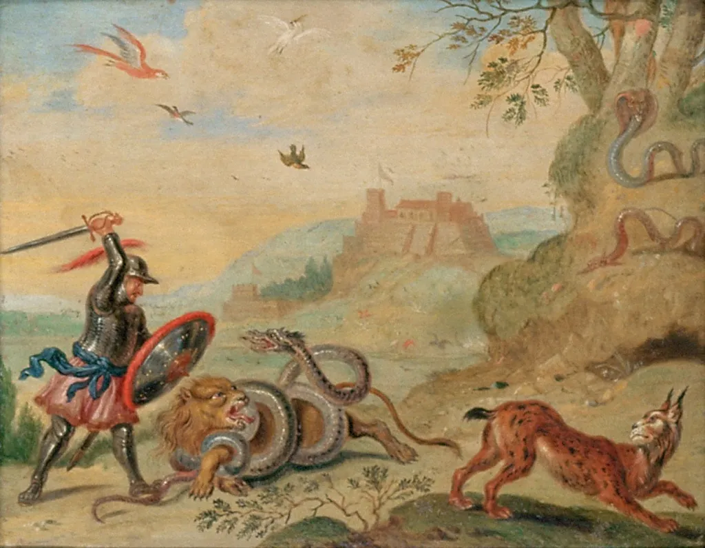 Ansichten aus den vier Weltteilen mit Szenen von Tieren: Guarmen, by Ferdinand van Kessel the Elder, unspecified, 1682