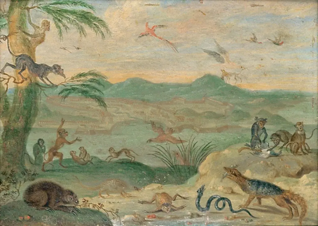 Ansichten aus den vier Weltteilen mit Szenen von Tieren: Santiago, by Ferdinand van Kessel the Elder