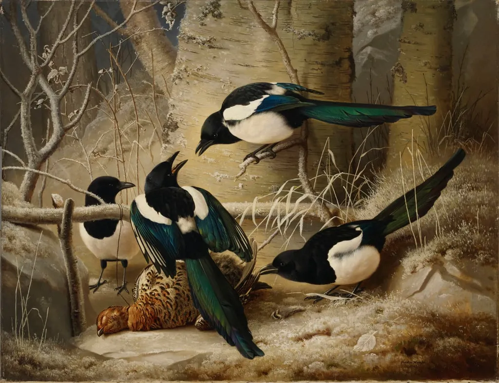 Harakoita kuolleen koppelon ympärillä, by Ferdinand von Wright, unspecified