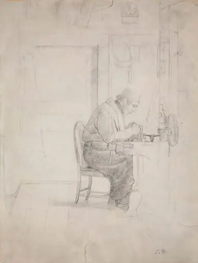 Wilhelm von Wright höyläpenkin ääressä, piirustus "Mariebergin verstas" -maalausta varten, by Ferdinand von Wright