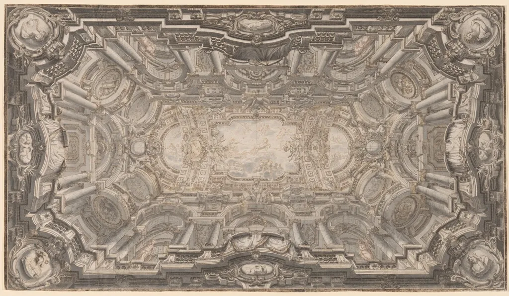 A Grand Illusionistic Ceiling, by Ferdinando Galli Bibiena, ink, 1730