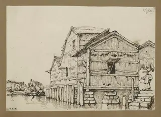 A waterside building, Macau, raised on stone blocks, by George Chinnery, 12