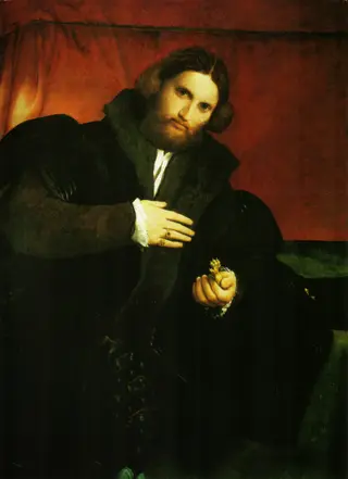 Portrait of a Gentleman with a Lion Paw, by Lorenzo Lotto, oil, 1527