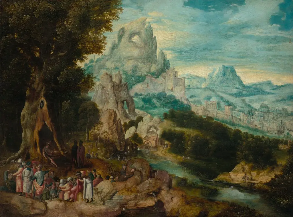 Landschaft mit der Predigt Johannes d. Täufers, by Herri met de Bles, oil, 1537