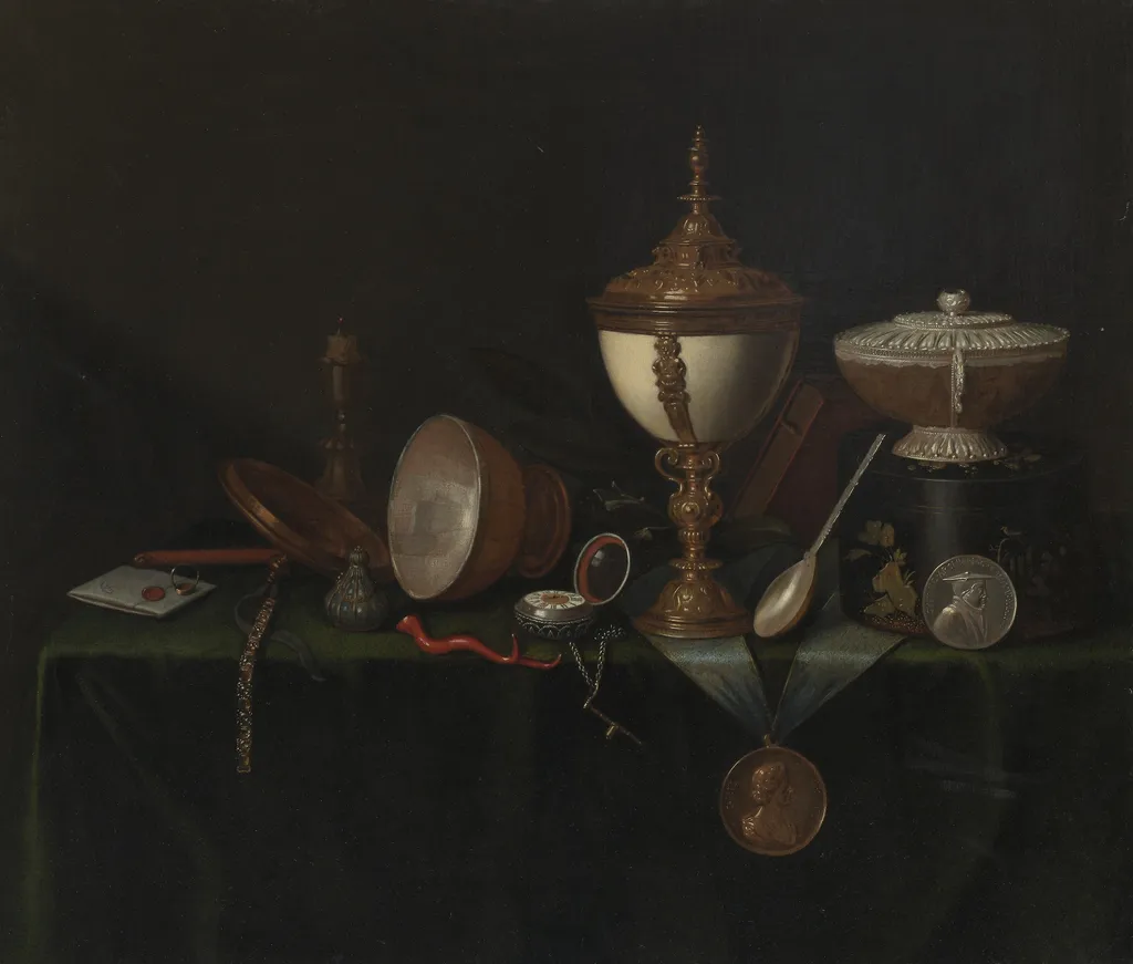 Still Life with Ostrich Egg Cup and the Whitfield Heirlooms, by Pieter Gerritsz van Roestraten, oil, 1670
