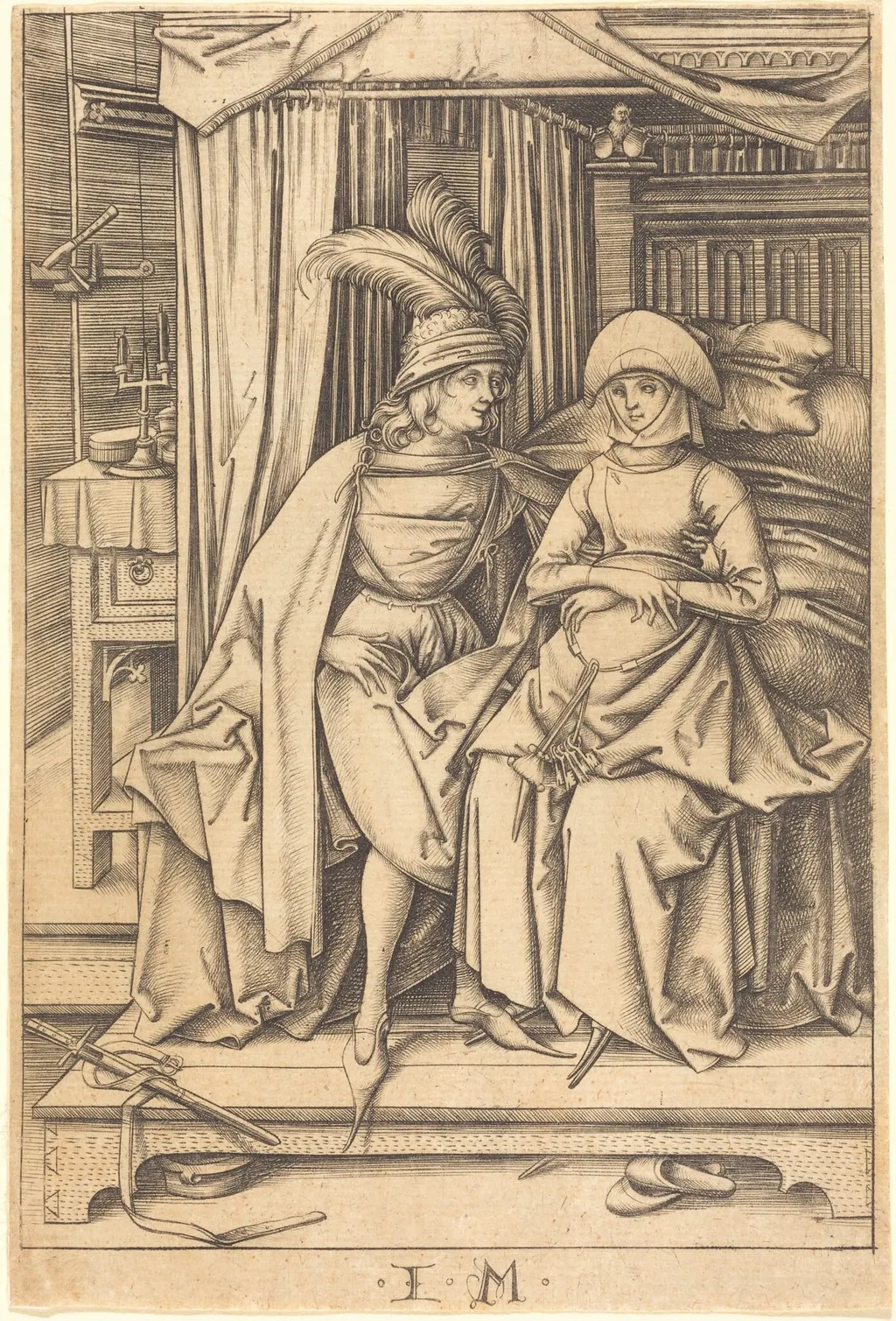 Couple Seated on a Bed, by Israhel van Meckenem, ink, 1499