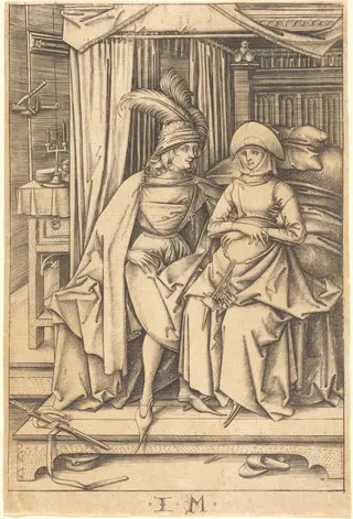 Couple Seated on a Bed, by Israhel van Meckenem, ink, 1499