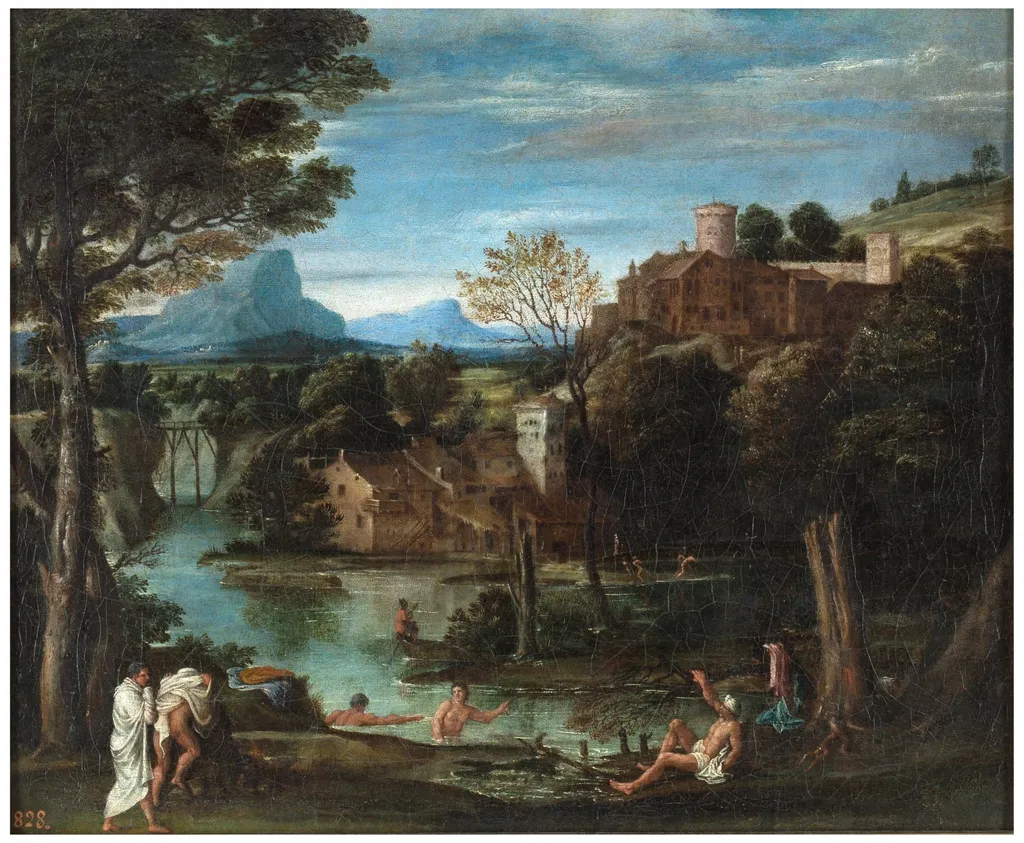 Landscape with river and bathers, by Annibale Carracci, oil, 1550