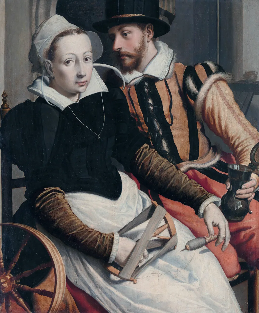 Man and Woman at a Spinning Wheel, by Pieter Pietersz the Elder, oil, 1570