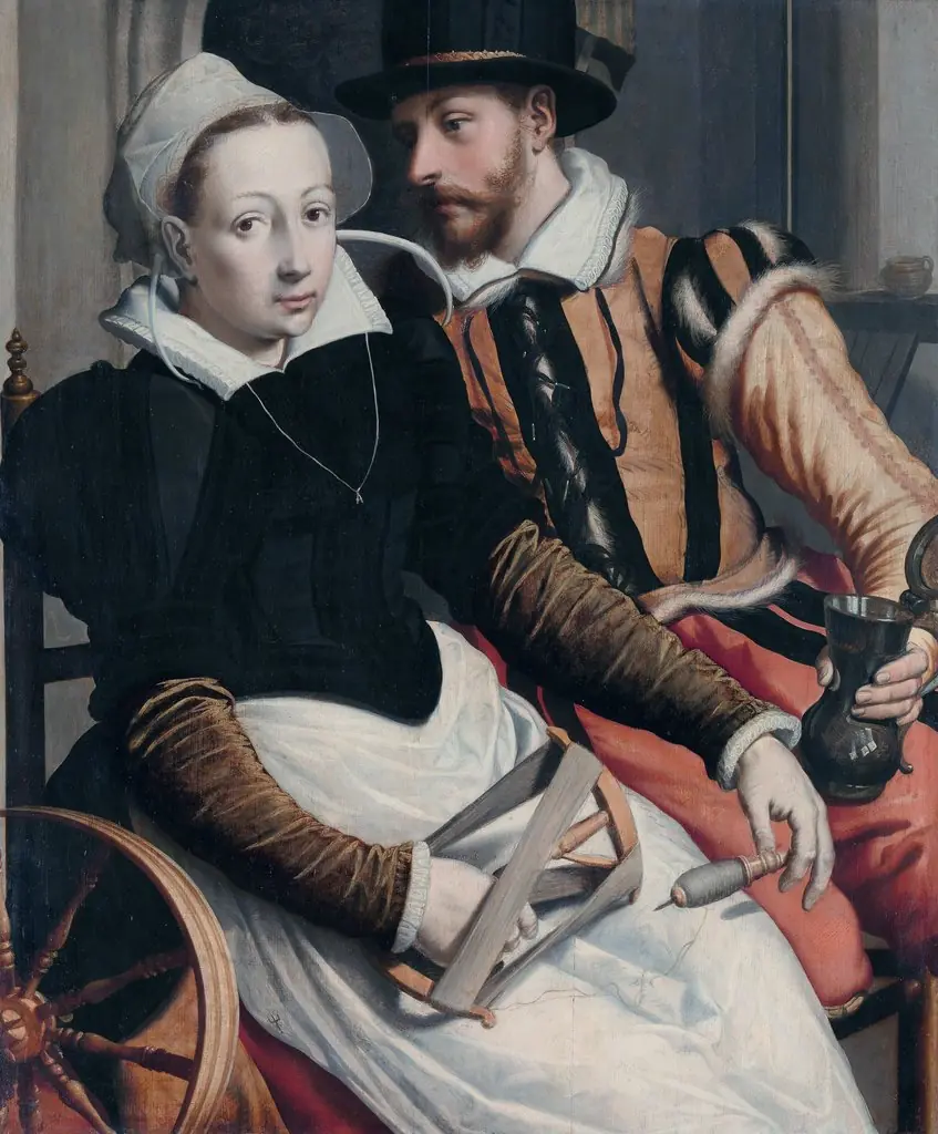 Man and Woman at a Spinning Wheel, by Pieter Pietersz the Elder, oil, 1570