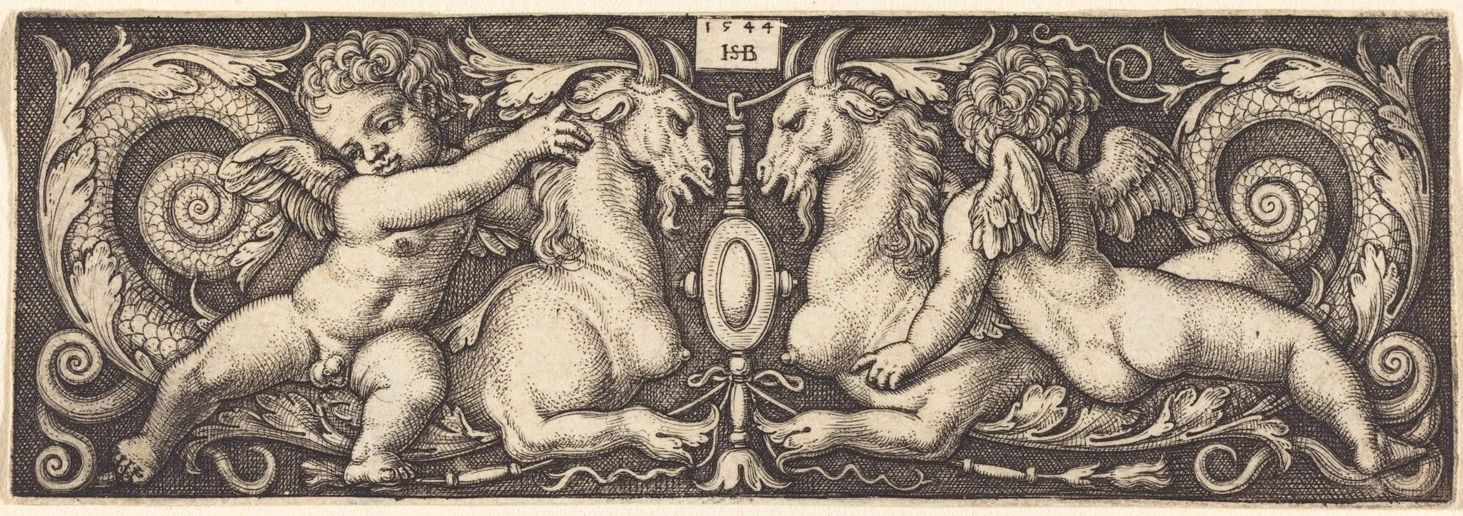 Ornament with Two Genii Riding on Two Chimeras, detail