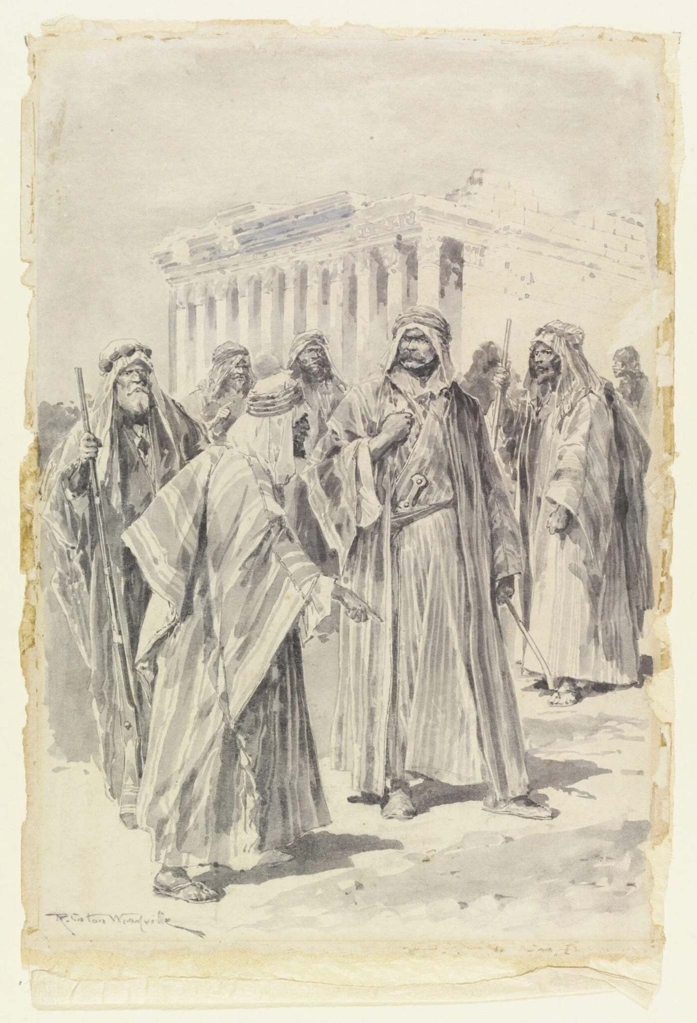 Figure in Arab dress (probably Lord Kitchener) with a group of Arab men in front of a temple, detail