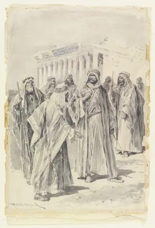Figure in Arab dress (probably Lord Kitchener) with a group of Arab men in front of a temple, by Richard Caton Woodville, watercolor, 1874