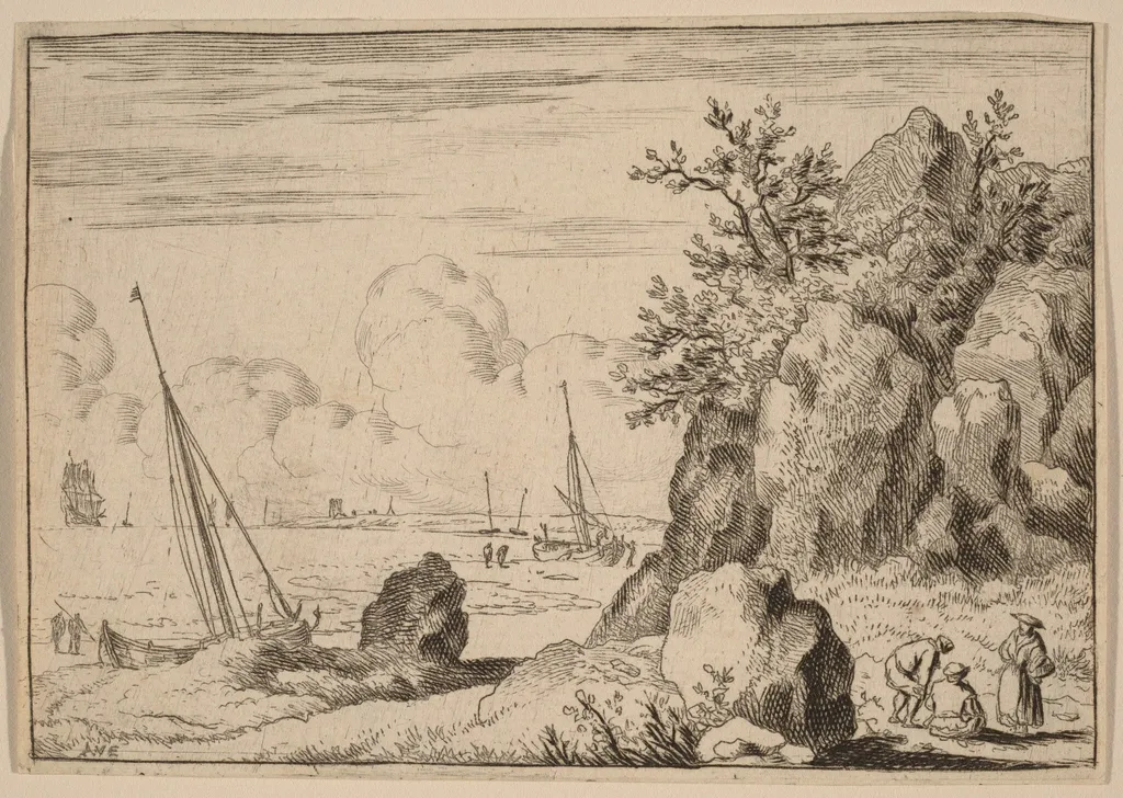 Seascape with Three Figures to the Right, by Allart van Everdingen, ink, 1650