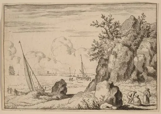Seascape with Three Figures to the Right, by Allart van Everdingen, ink, 1650