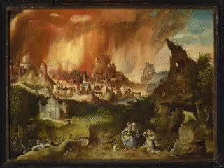 Fire of Sodom, Lot with his daughters, by Herri met de Bles, tempera, 1542