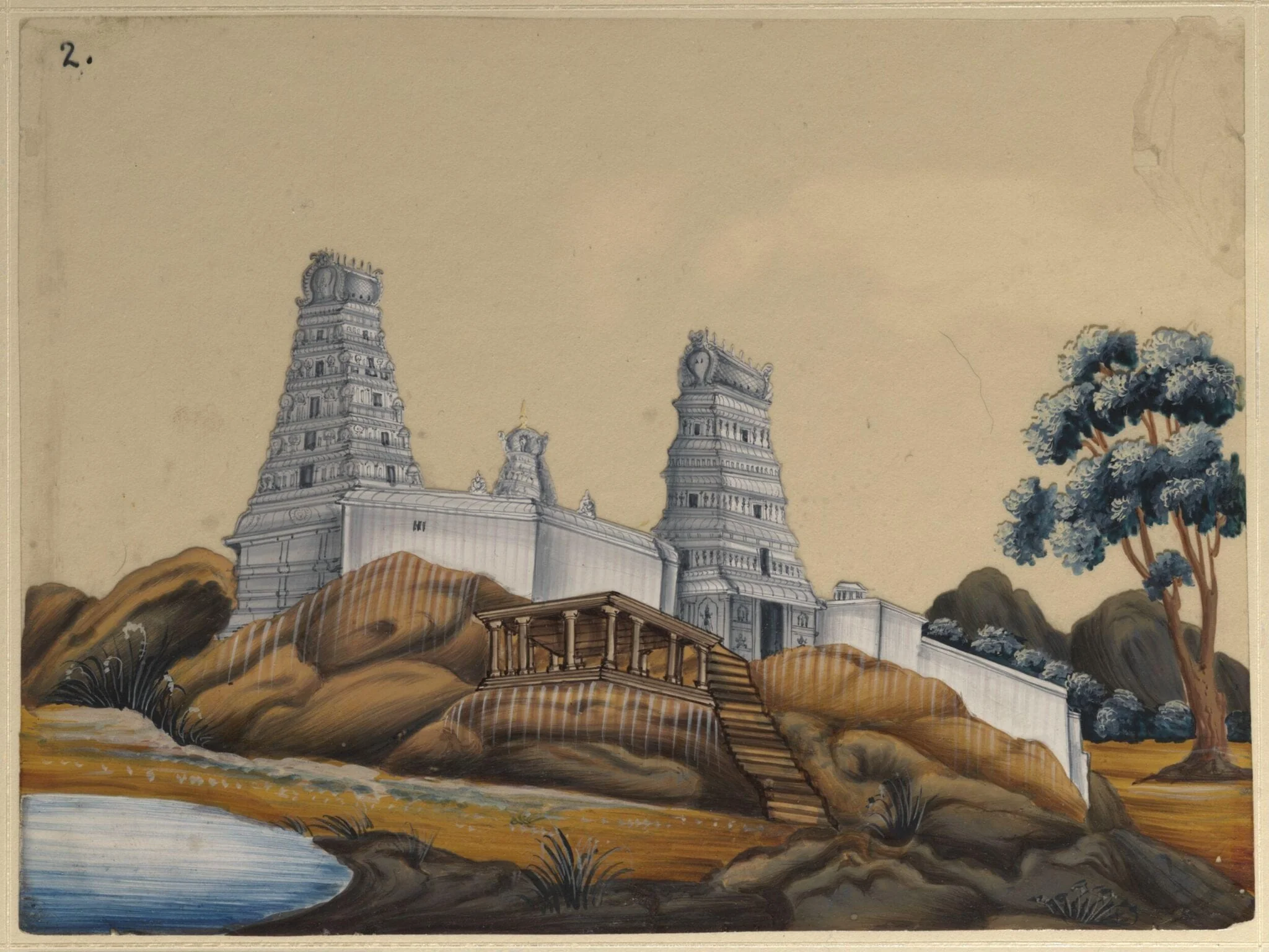 One of sixteen paintings of unidentified South Indian temples., detail