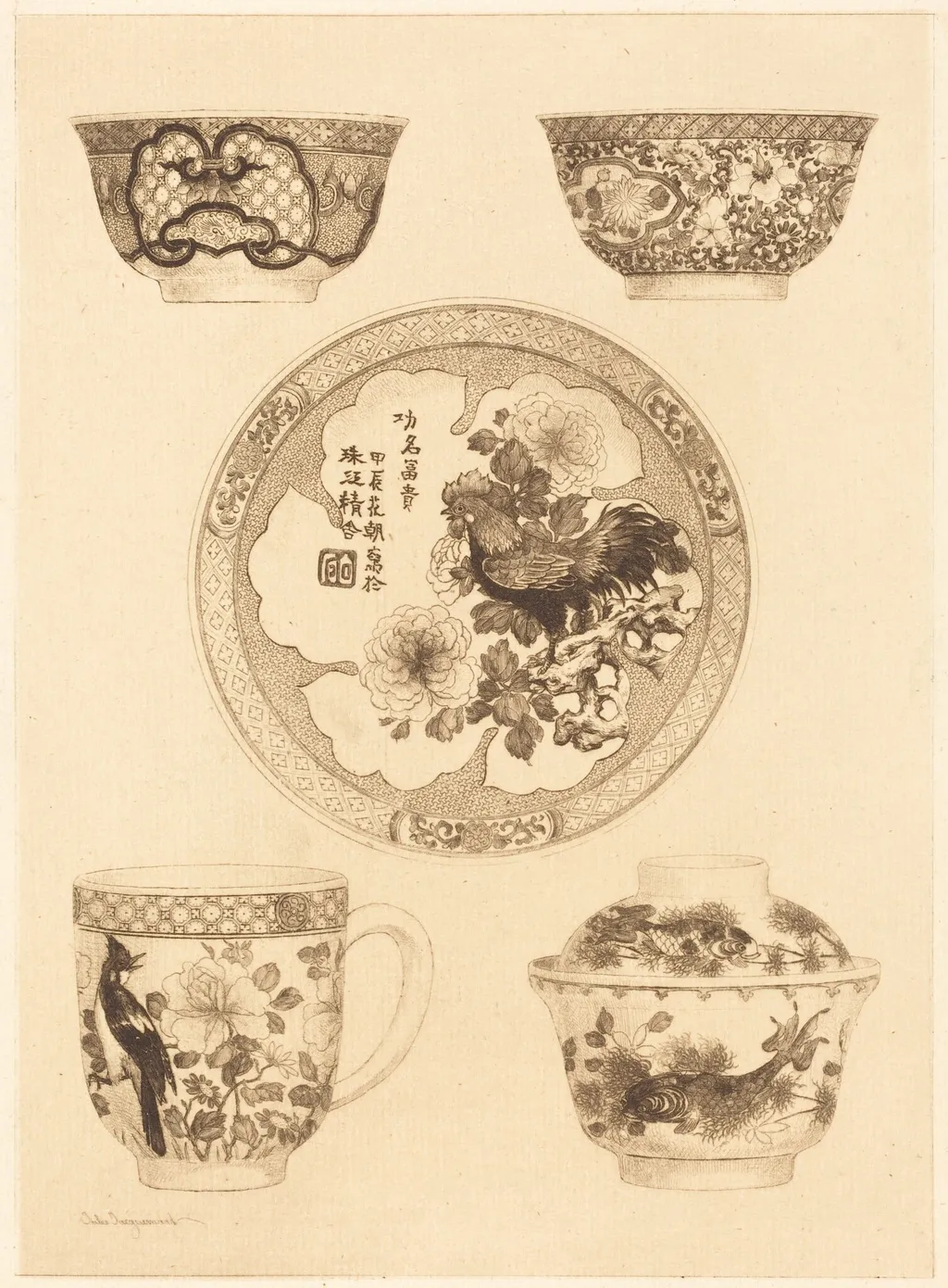 Five Pieces of China, by Jules-Ferdinand Jacquemart, ink, 1858