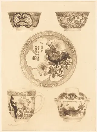 Five Pieces of China, by Jules-Ferdinand Jacquemart, ink, 1858