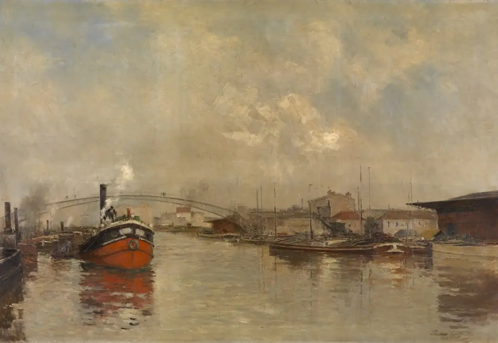 The Docks La Villette in Paris, by Pierre Louis Léger Vauthier, oil, 1893