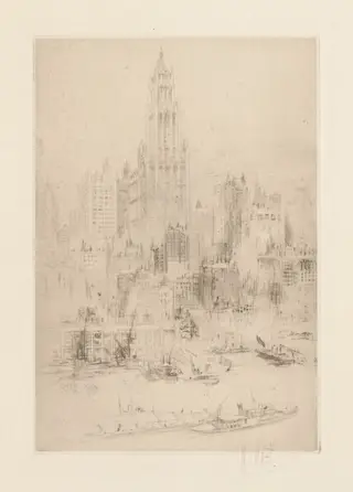 Downtown Manhattan from the East River, with the Woolworth Building, by William Walcot, 1924