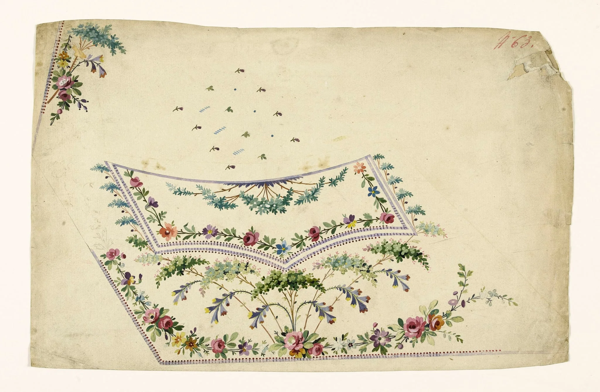 Composition avec guirlandes de fleurs et feuilles en grappes, projets de broderies de gilet, XVIIIème siècle, detail