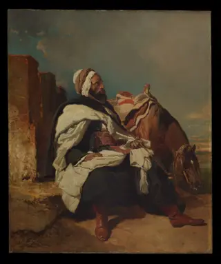 Seated Arab Man with Horse, by Alfred de Dreux, oil, 1854