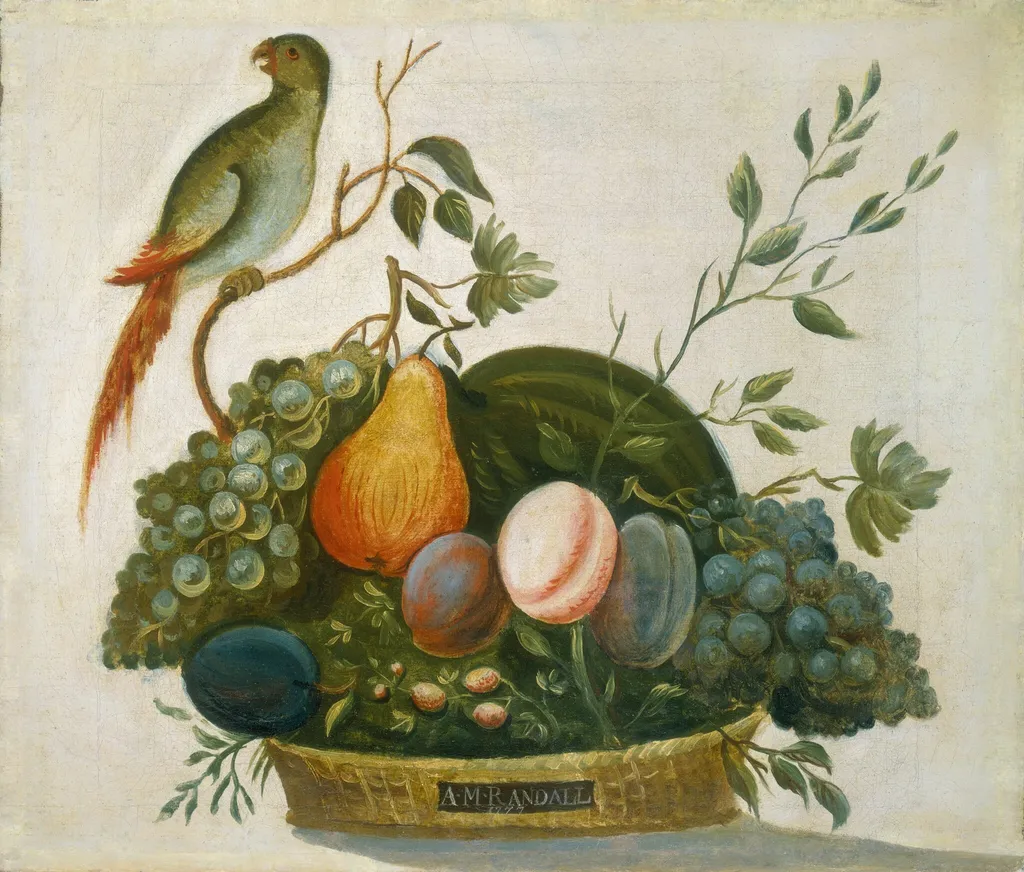 Basket of Fruit with Parrot, by A.M. Randall, oil, 1777